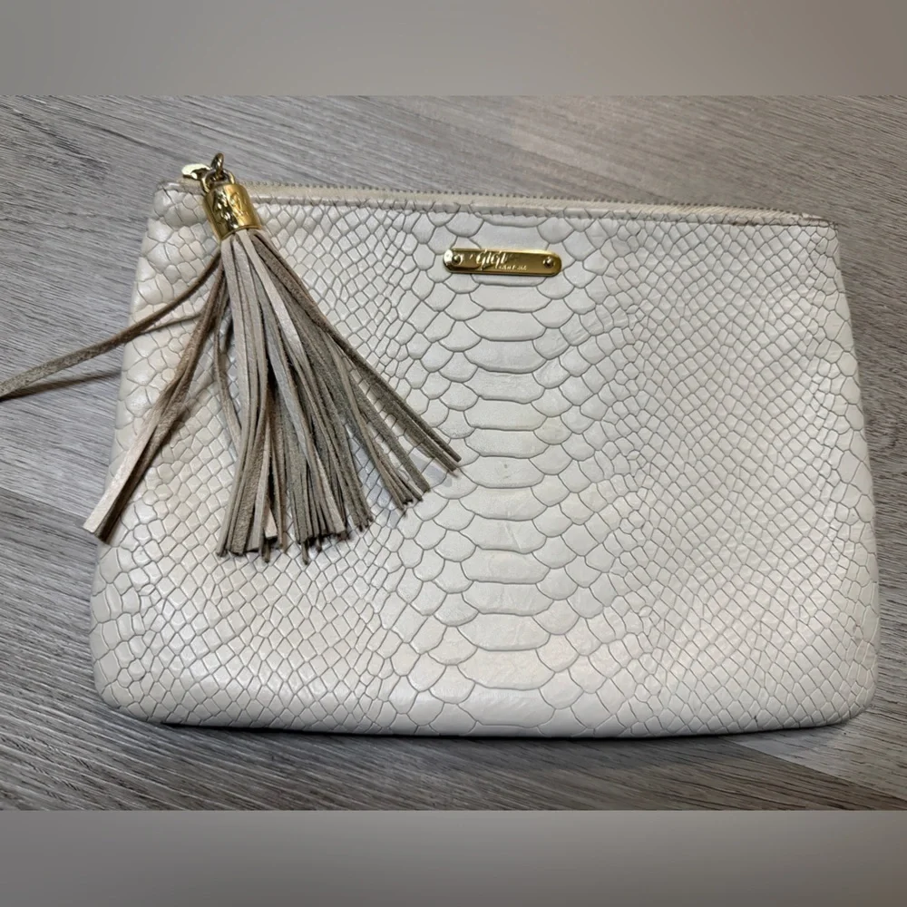 GiGi New York Cream Textured Clutch with Gold Accents